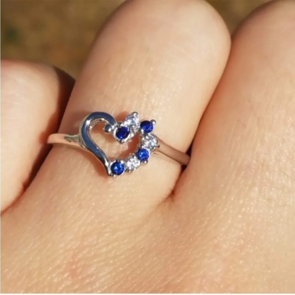 10k Solid White Gold Genuine Blue Sapphire & Simulated Diamond Heart Ring
